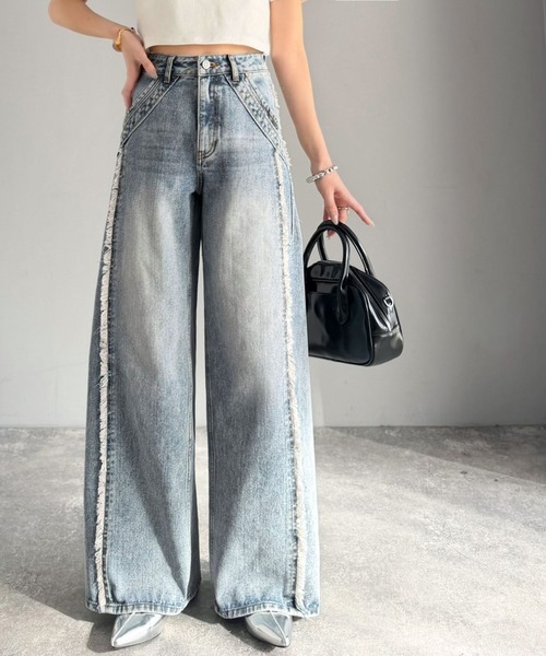 日本🇯🇵連線 Mily Bilet 高腰側流蘇設計感牛仔寬褲 流蘇 寬褲 牛仔褲 落地褲 長褲 直筒褲 闊腿褲 3色(任買兩件711免運)/預購