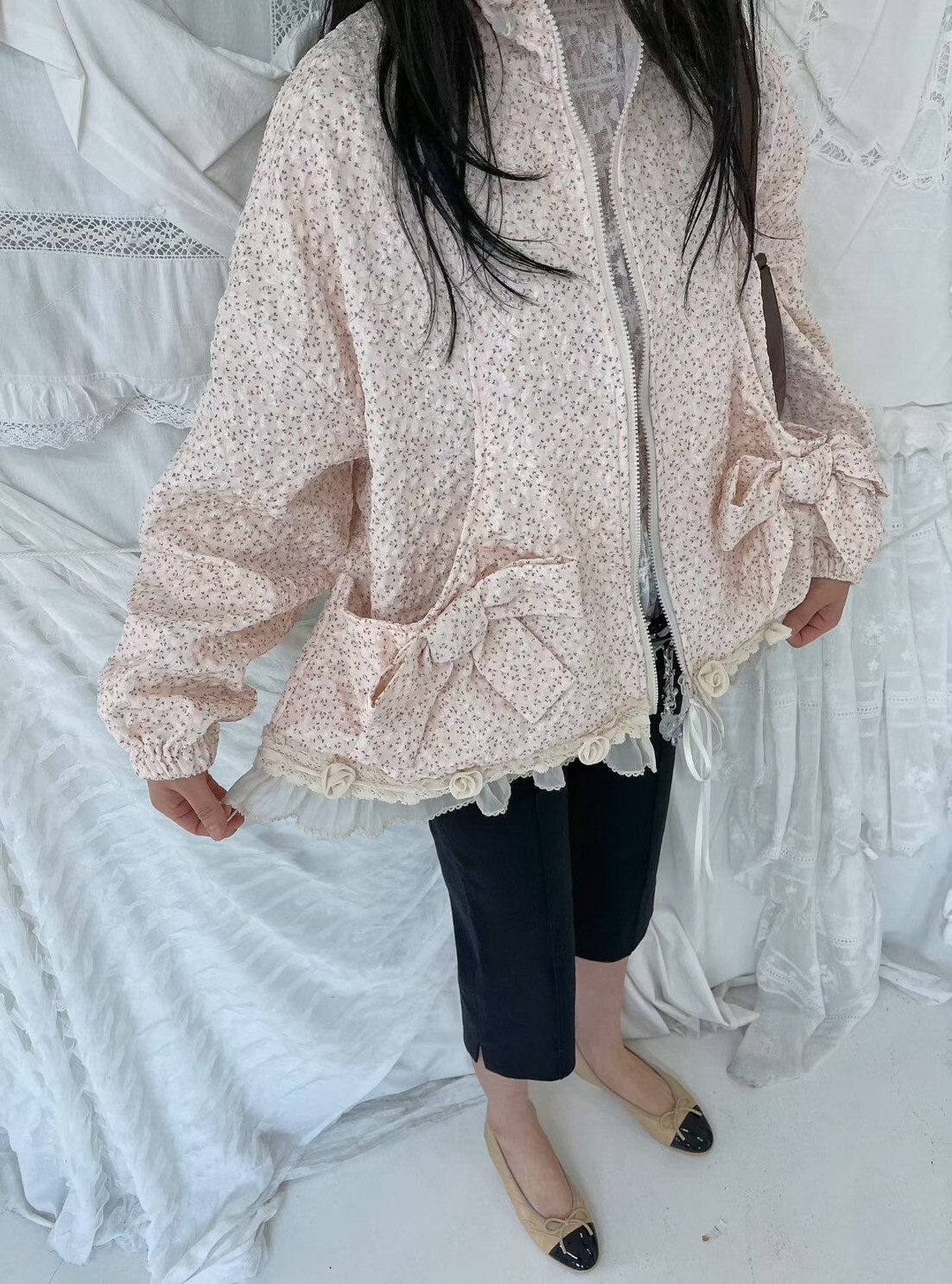印花大蝴蝶結口袋外套