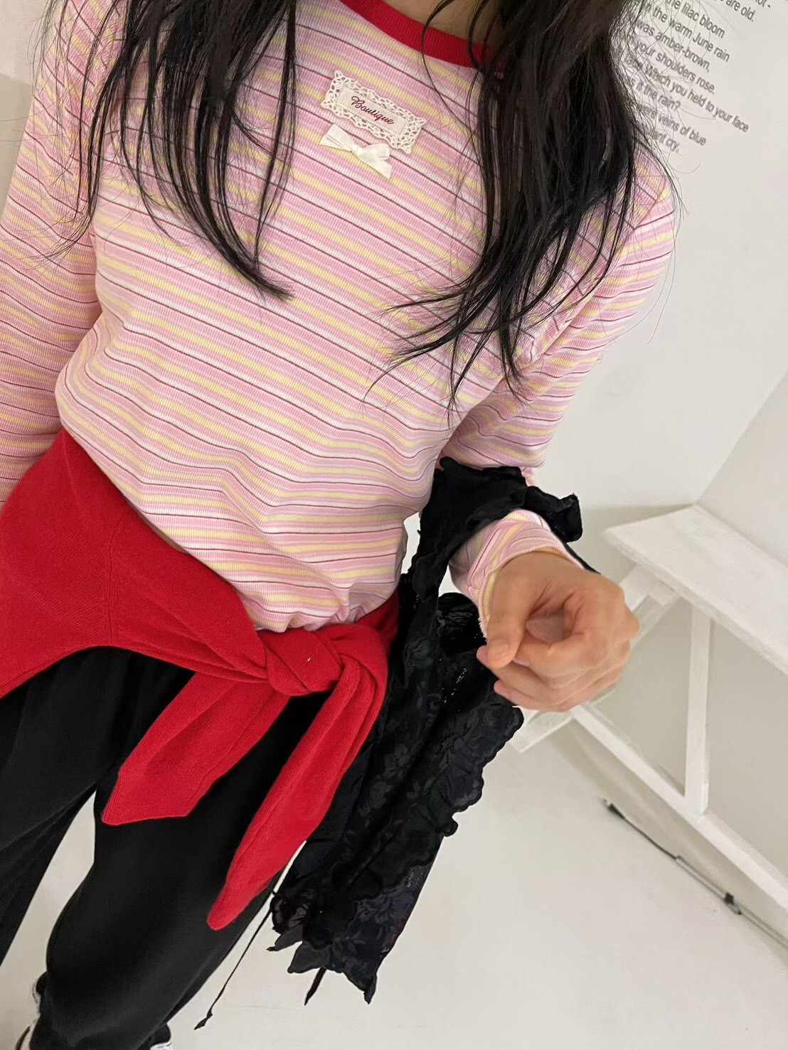 蕾絲標籤條紋長袖T
