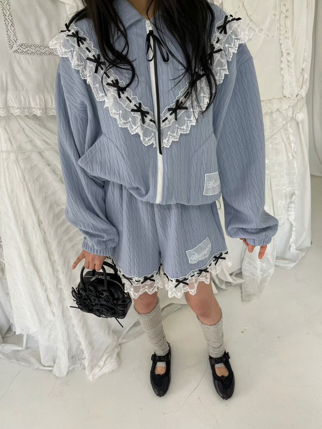 黑結蕾絲有領拉鍊短夾克  短褲(分售)