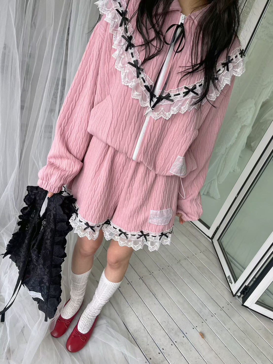 黑結蕾絲有領拉鍊短夾克  短褲(分售)