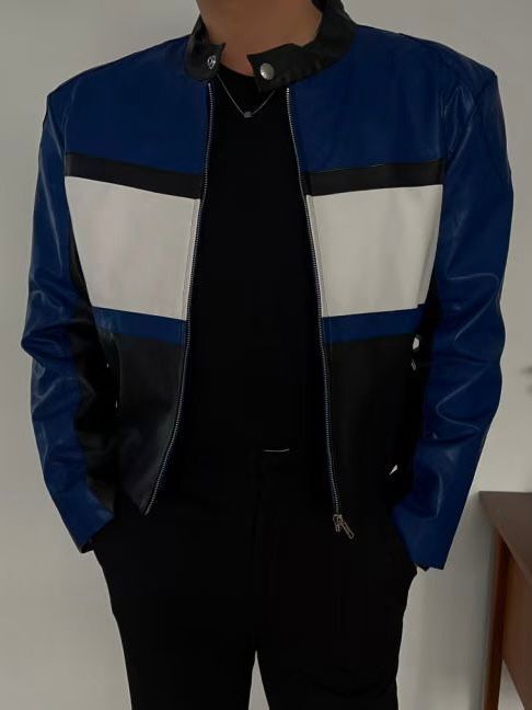 企領拼色合成皮外套 C_y-152JK