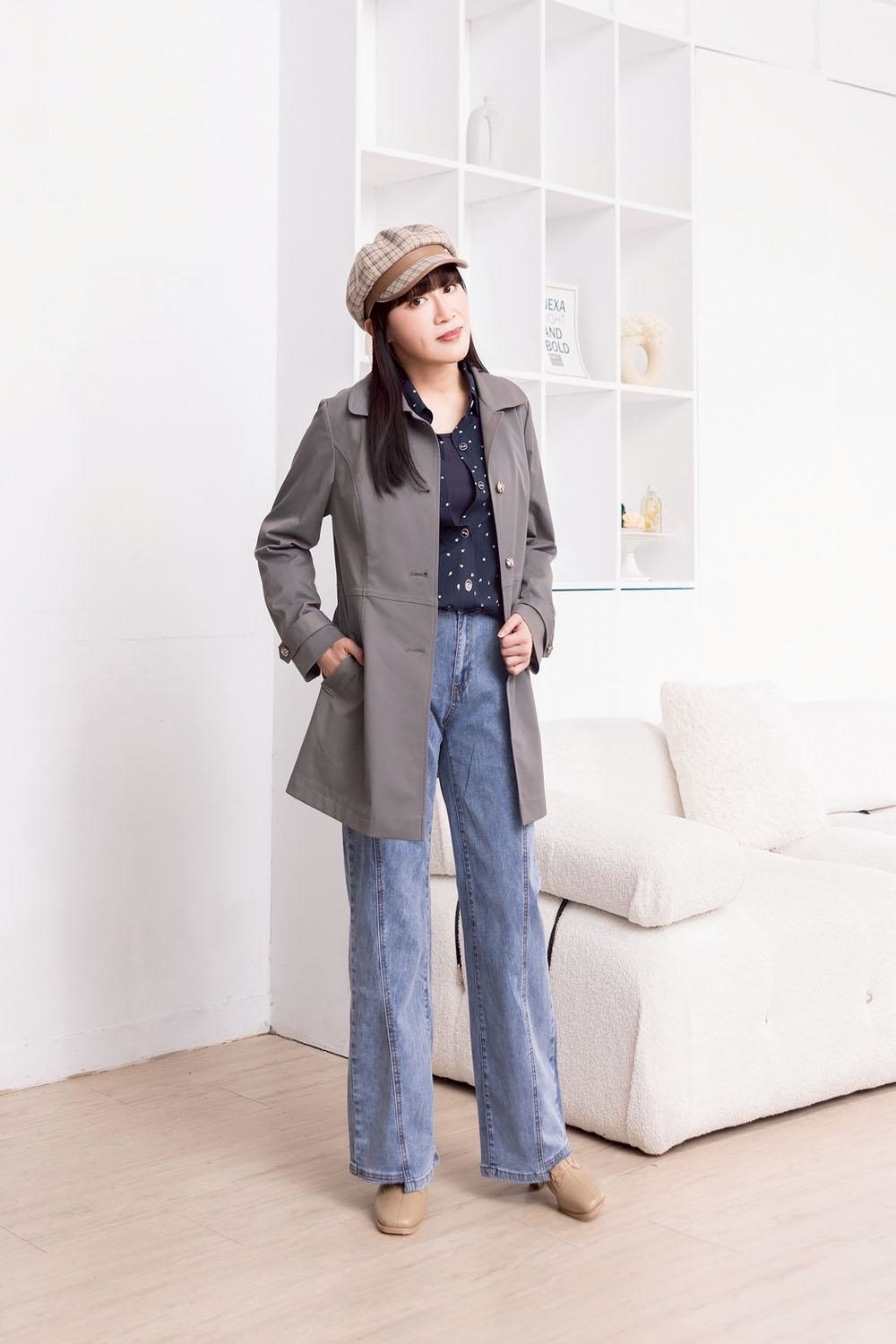 時尚優雅復古風修腰身後蝴蝶結造型設計風衣外套X6561