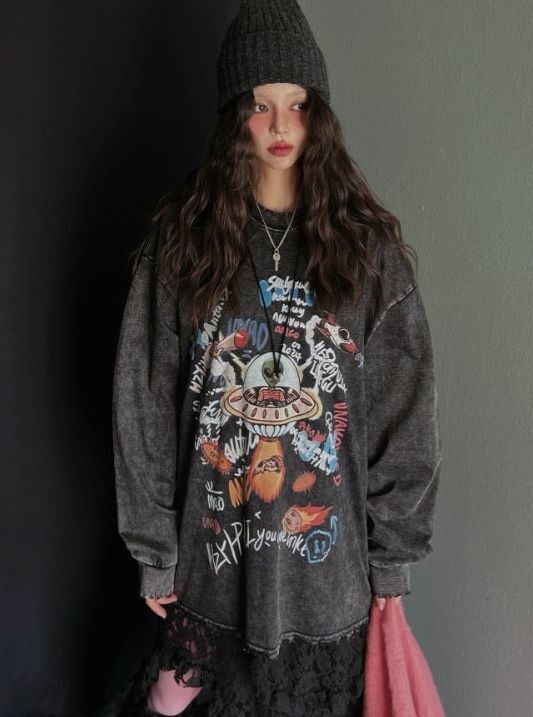 洗水英文字圖案長袖衫 T5911