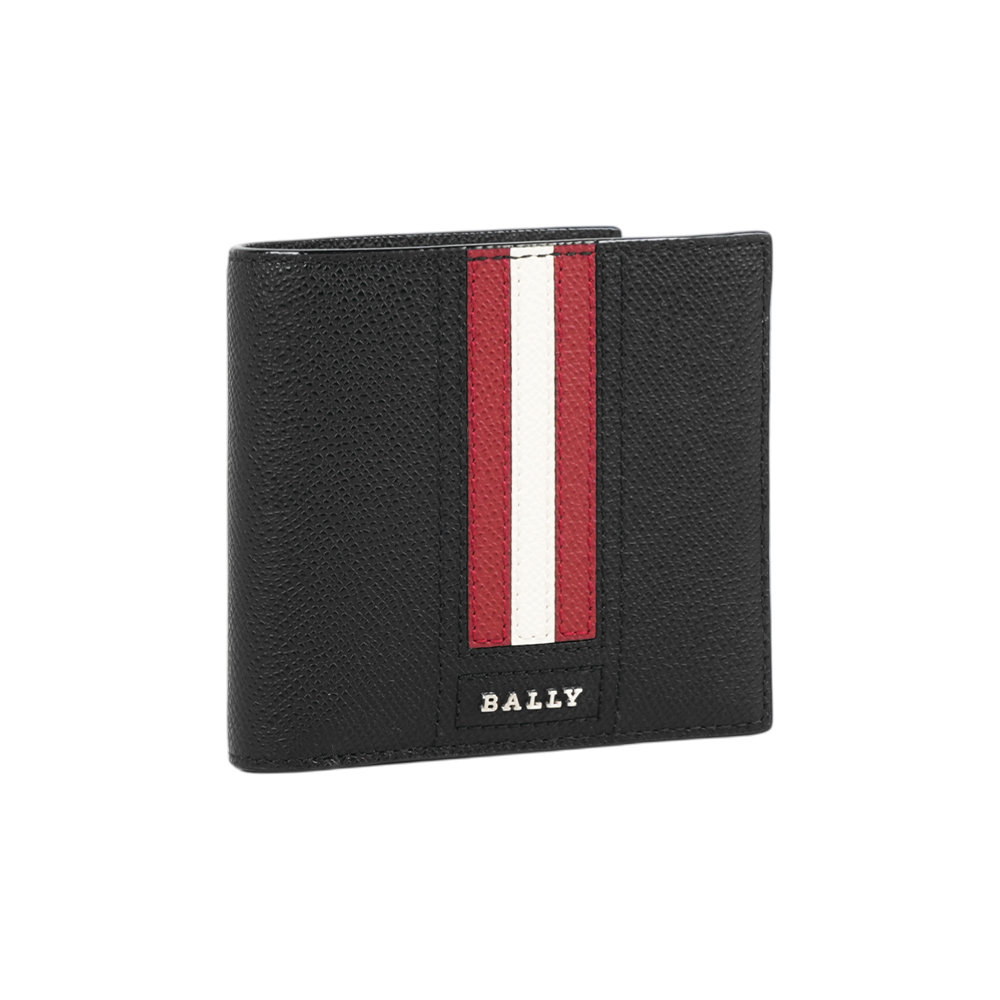 【Bally】Trasai 防刮牛皮紅白條紋對開8卡短夾(黑色)
