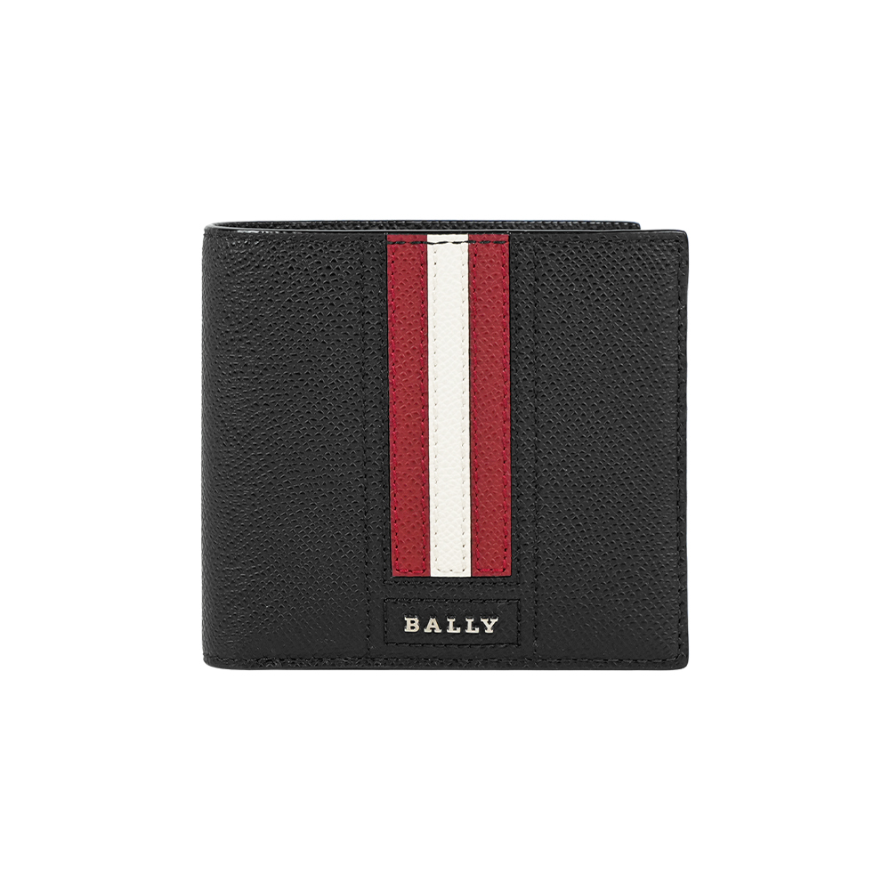 【Bally】Trasai 防刮牛皮紅白條紋對開8卡短夾(黑色)