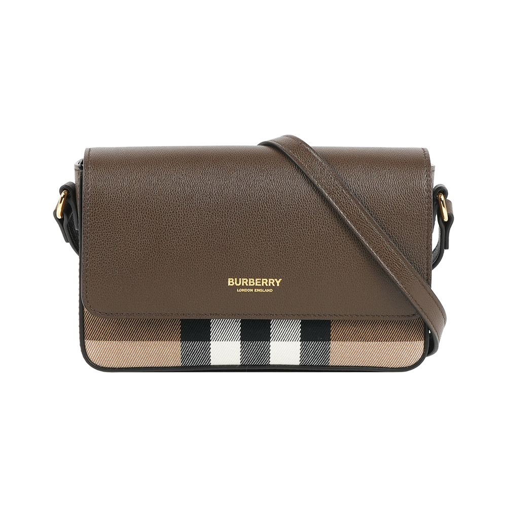 【Burberry】Hampshire 新款格紋帆布拼皮革手拿包/斜背包(烏木棕)