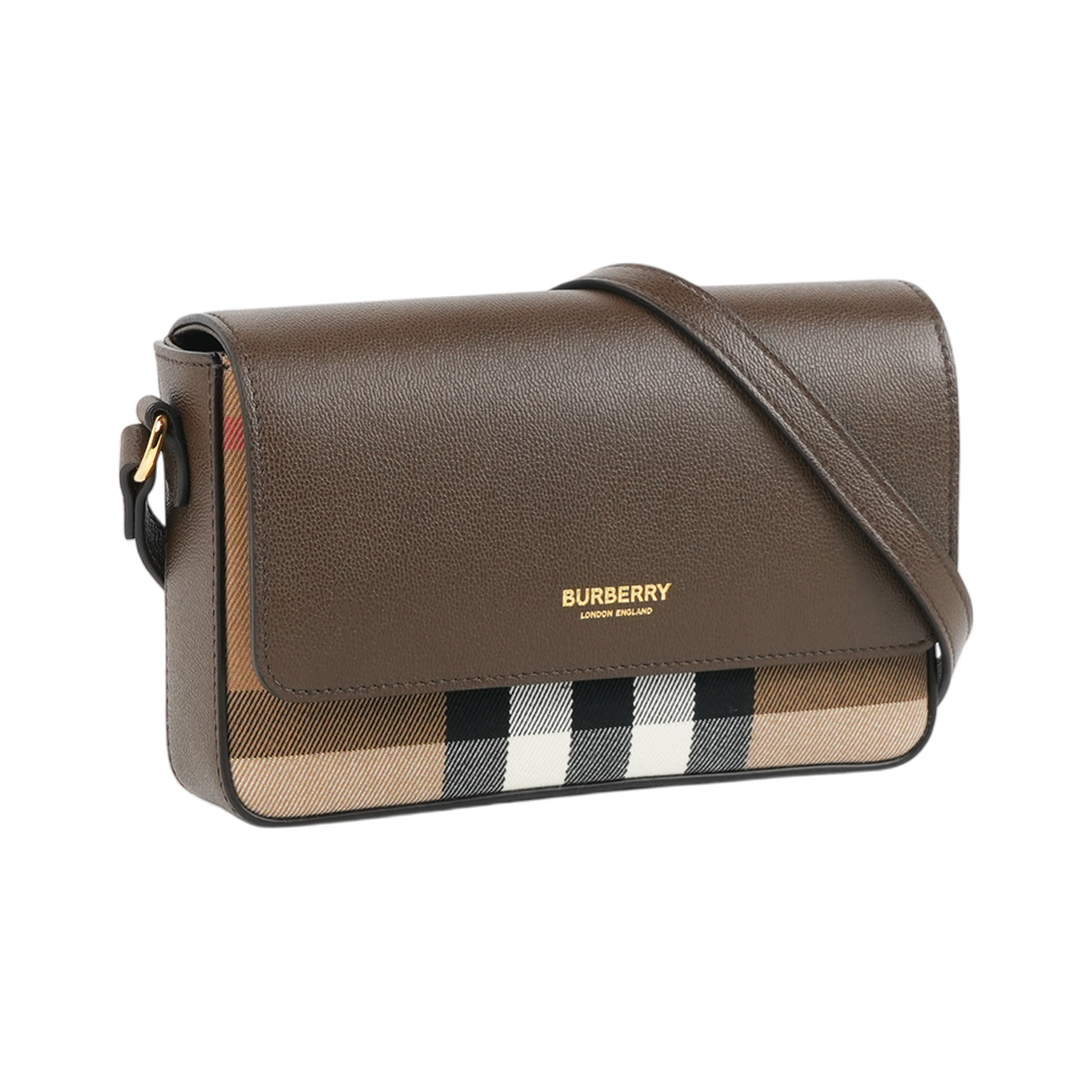 【Burberry】Hampshire 新款格紋帆布拼皮革手拿包/斜背包(烏木棕)