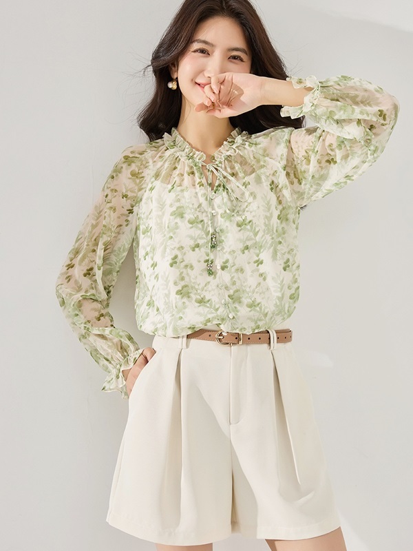 綠植印花雪紡上衣 綠色