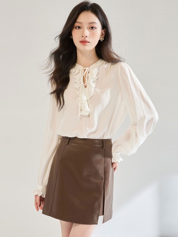 綁帶荷葉領舒棉上衣 米白