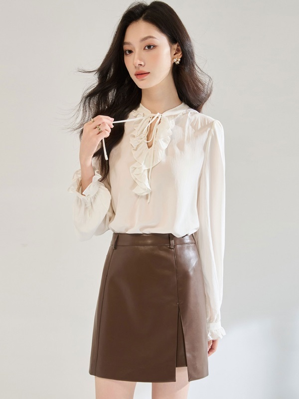 綁帶荷葉領舒棉上衣 米白