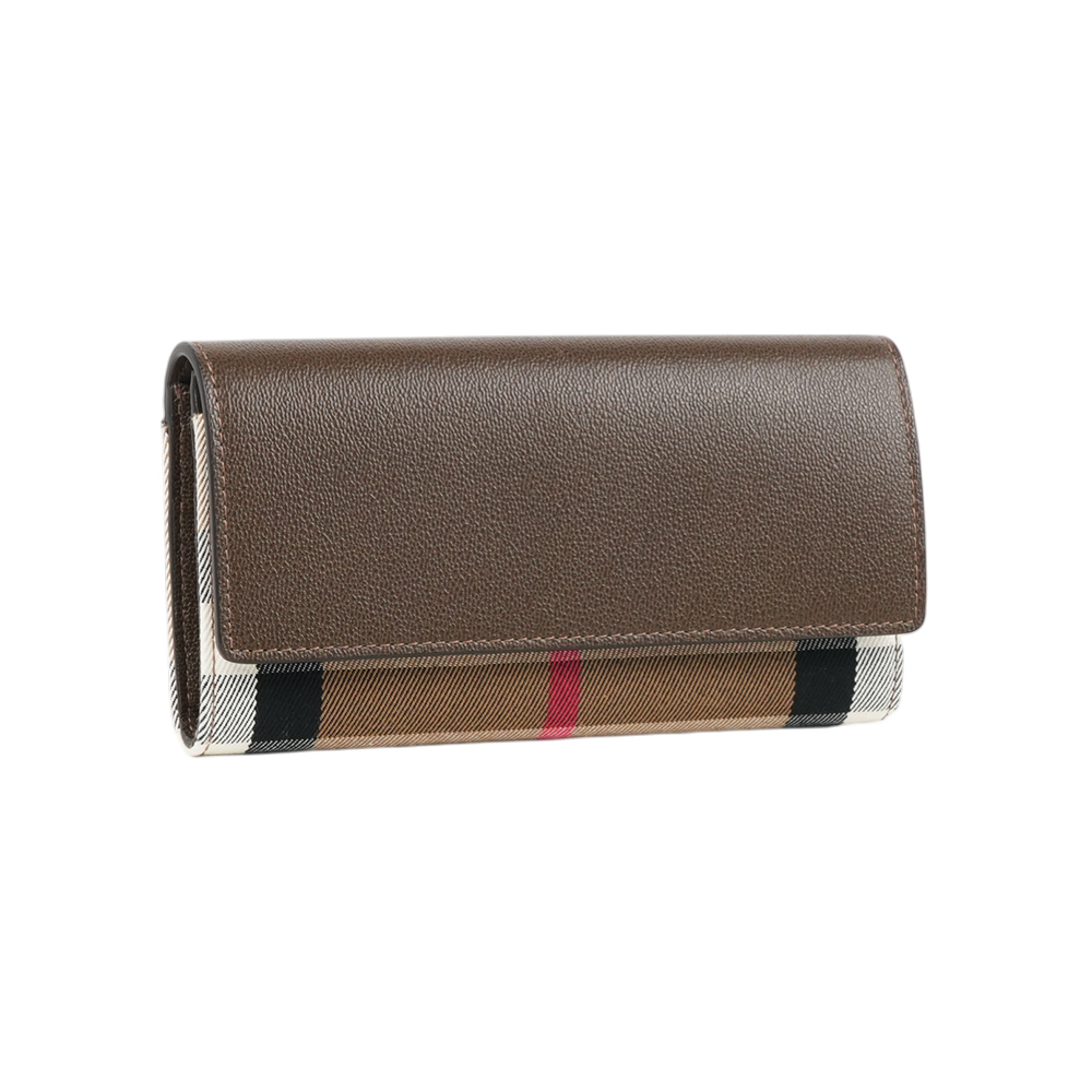 【Burberry】Halton 大格紋帆布及牛皮翻蓋二折長夾(烏木棕)