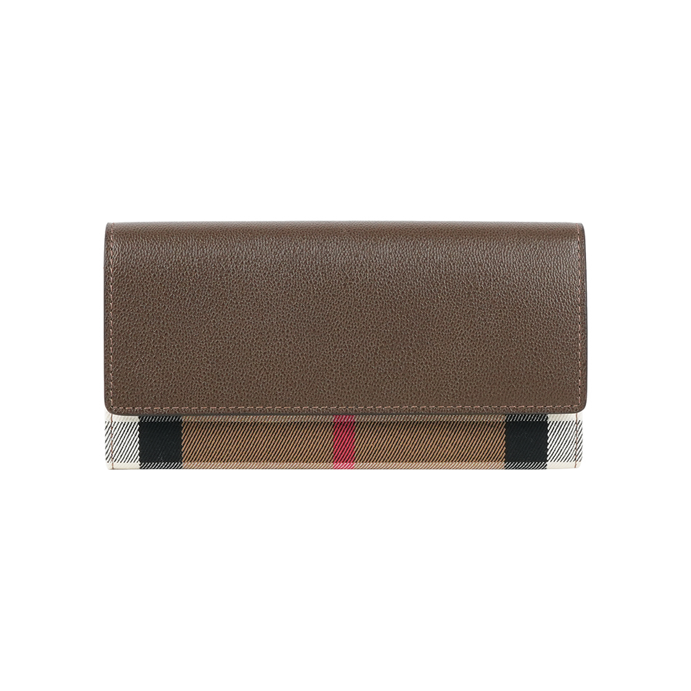 【Burberry】Halton 大格紋帆布及牛皮翻蓋二折長夾(烏木棕)