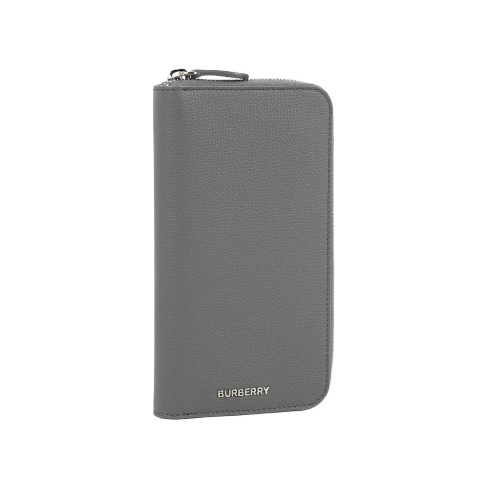 【Burberry】銀字粒紋牛皮內拼格紋拉鍊長夾(煤灰色)