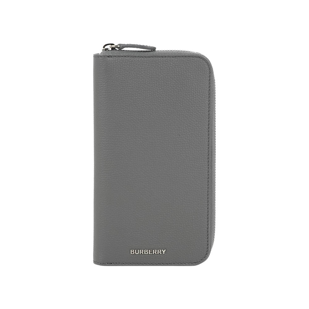【Burberry】銀字粒紋牛皮內拼格紋拉鍊長夾(煤灰色)