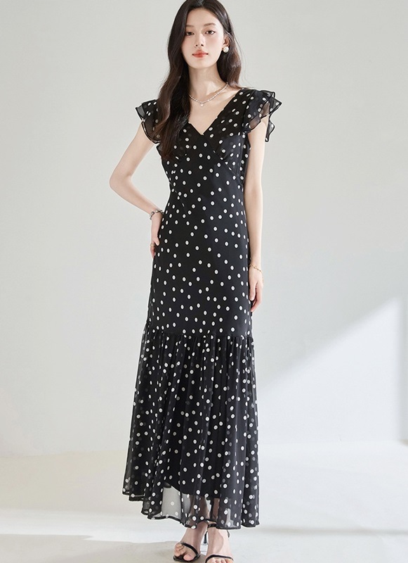 雙V領圓點雪紡洋裝 黑色