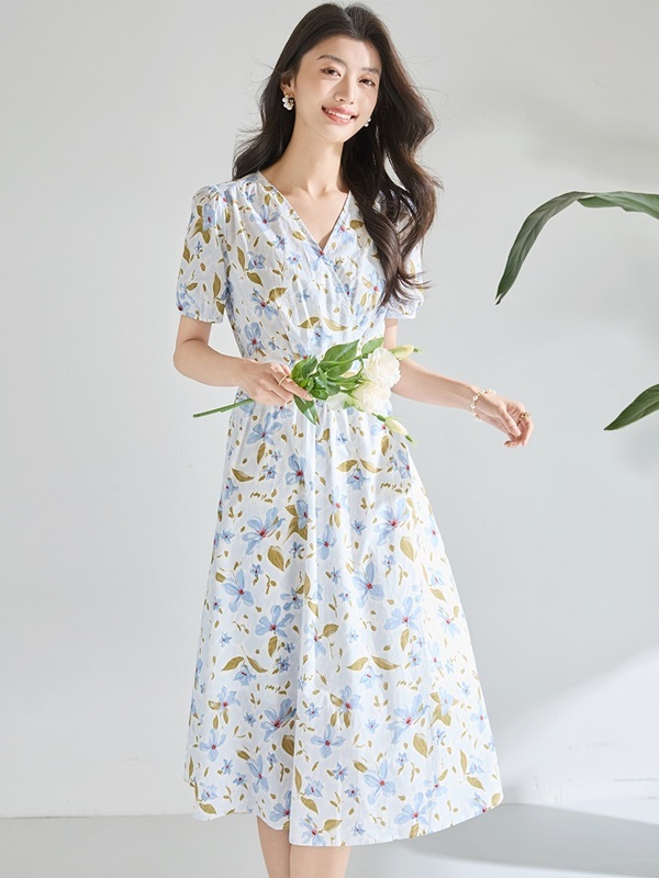 V領藍花舒棉洋裝 藍色