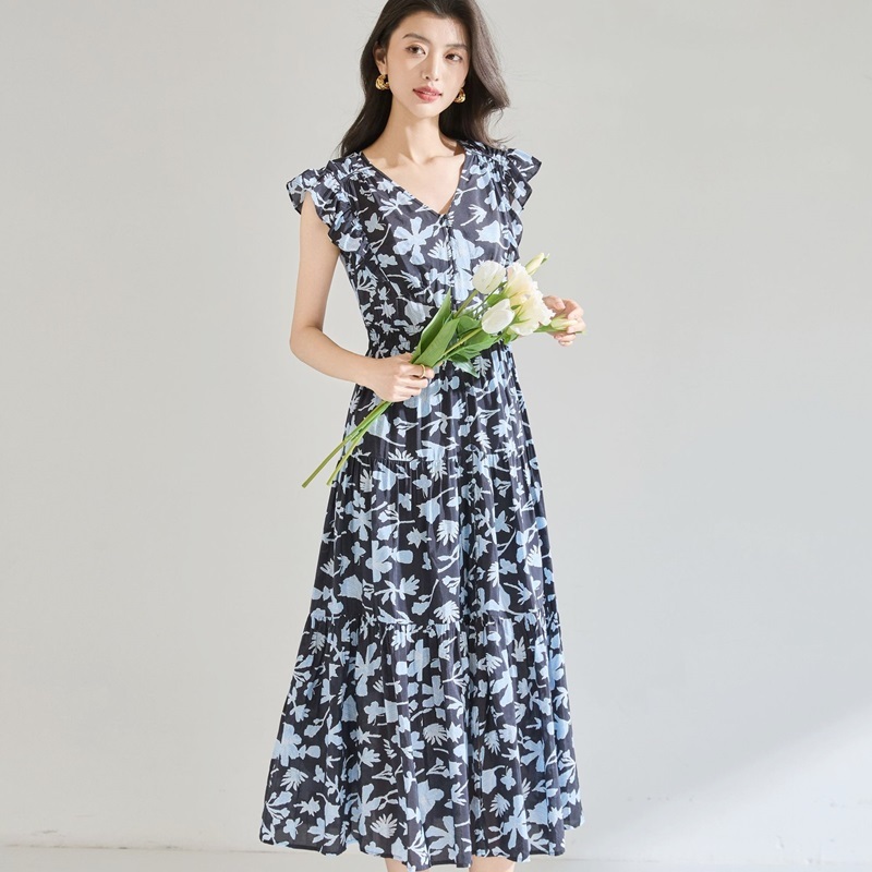 雙V領藍花雪紡洋裝 藍色