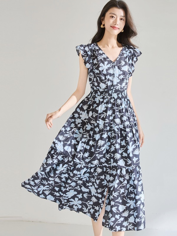 雙V領藍花雪紡洋裝 藍色