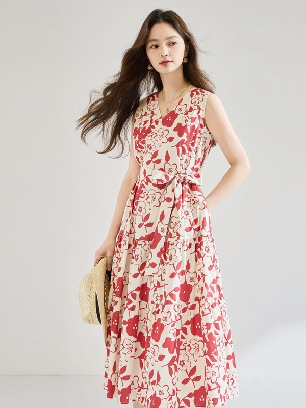 V領無袖紅花舒棉洋裝 紅色