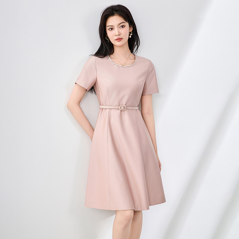 圓鑽領剪裁腰帶洋裝 粉色