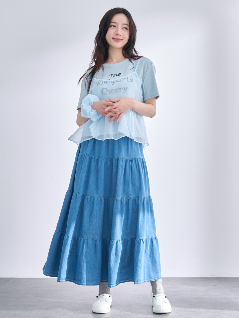 透紗背心兩件式上衣蛋糕薄棉牛仔長裙組合