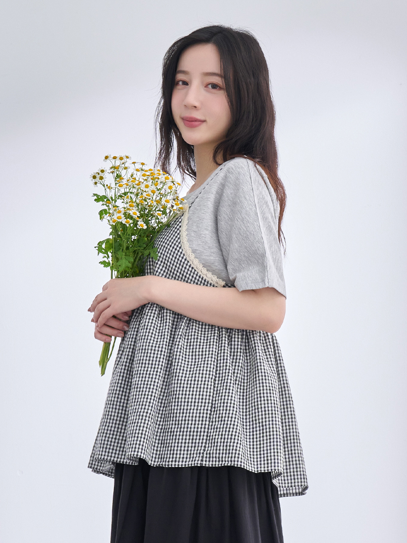 棉蕾絲織帶格紋細肩帶背心