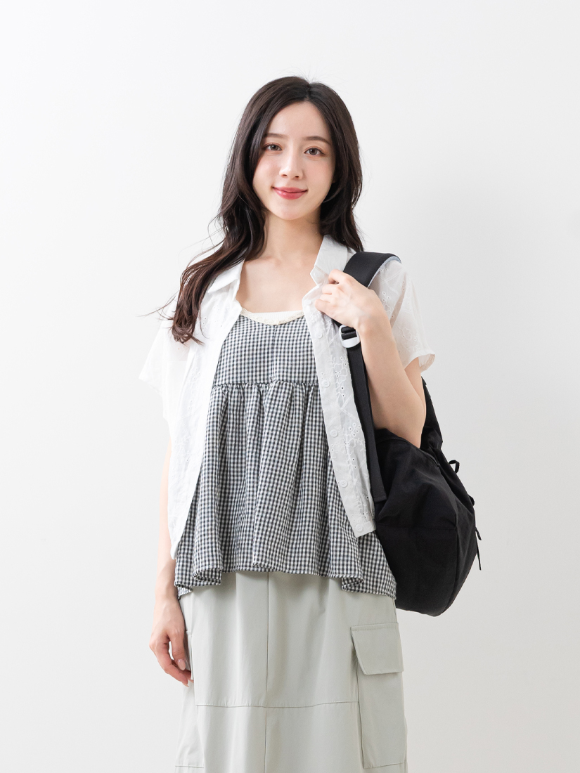 繡花連袖上衣格紋背心花苞開衩長裙組合