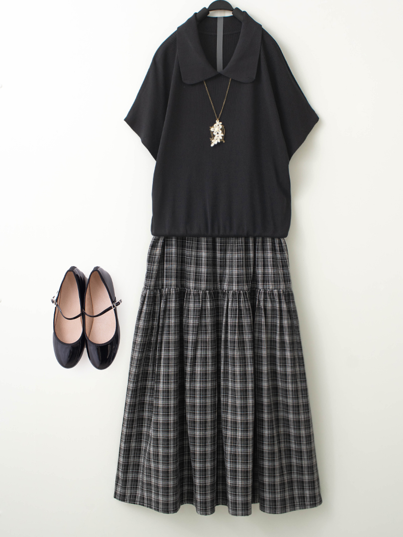領片針織短袖上衣棉麻感格紋細褶裙組合
