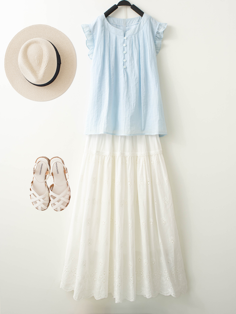 雪紡棉荷葉無袖上衣繡花蕾絲細褶長裙組合