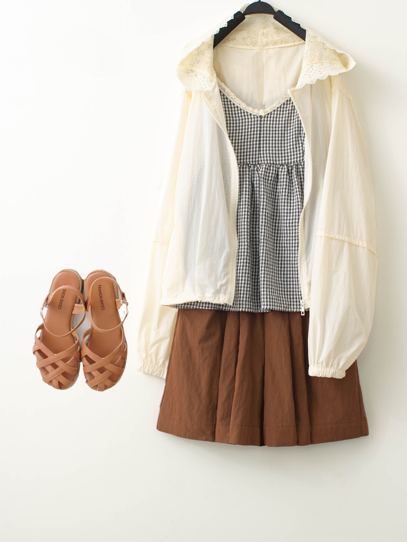 蕾絲防曬外套格紋背心紋理打褶短褲組合