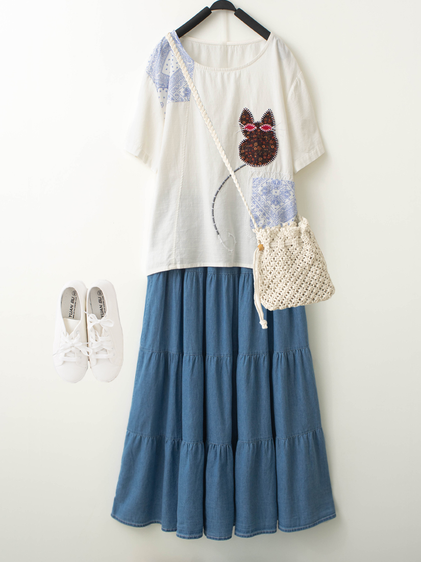 小貓口袋棉麻感上衣蛋糕薄棉牛仔長裙組合