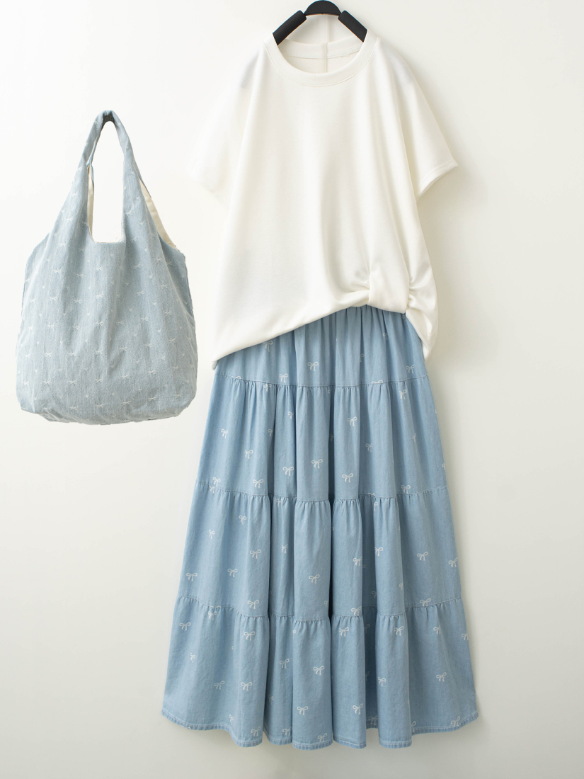 下擺扭結空氣棉上衣蝴蝶結牛仔蛋糕裙組合