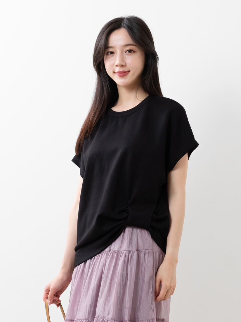 下擺扭結空氣棉短袖上衣透膚細褶紗裙組合