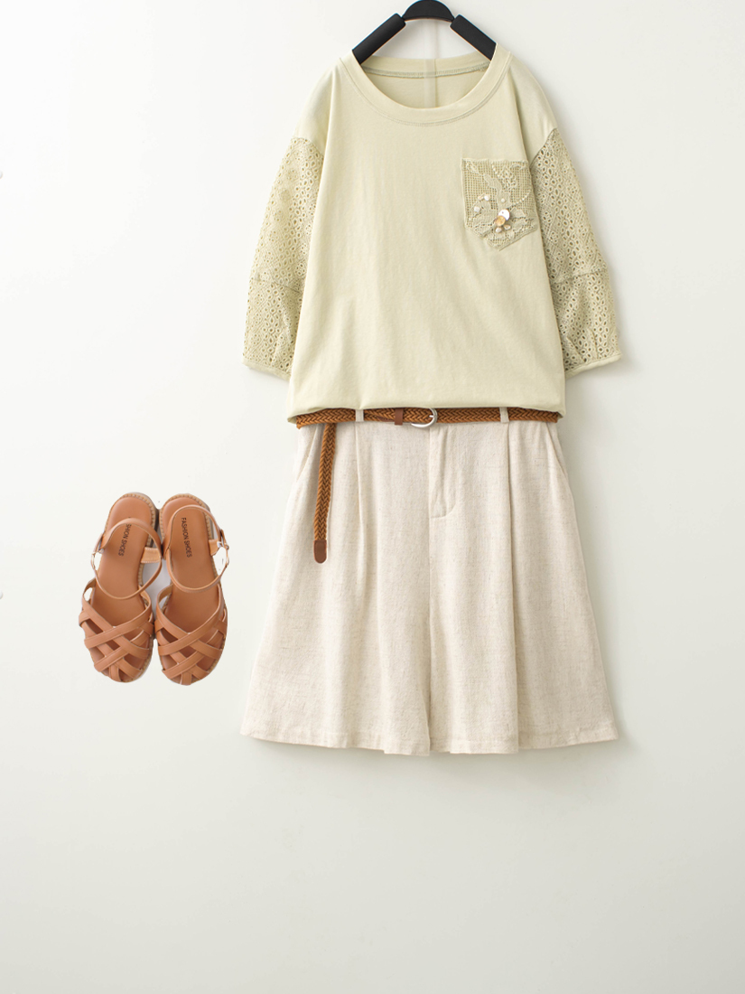 貝殼口袋蕾絲花苞袖上衣棉麻五分短褲組合