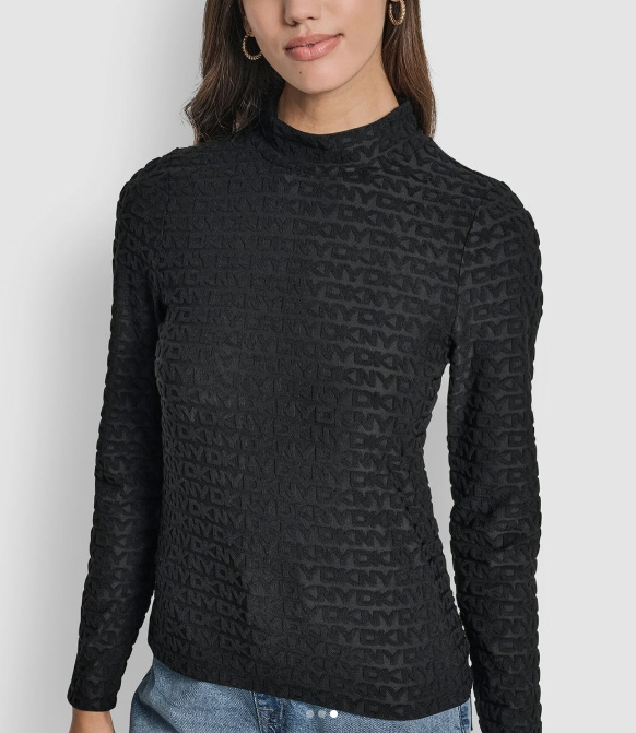 [S] DKNY BLACK LOGO JACQUARD LONG SLEEVE MOCK NECK TEE, DJ5T1570-BLK (SD1825)