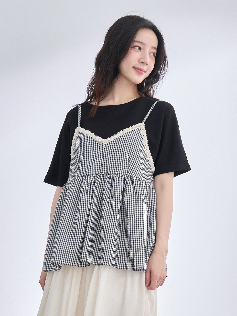 格紋背心側邊抓褶上衣下擺繡花棉長裙組合