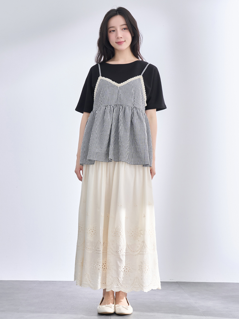 格紋背心側邊抓褶上衣下擺繡花棉長裙組合