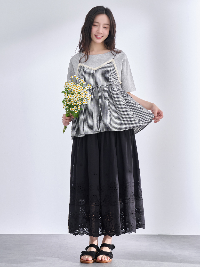 格紋背心側邊抓褶上衣下擺繡花棉長裙組合