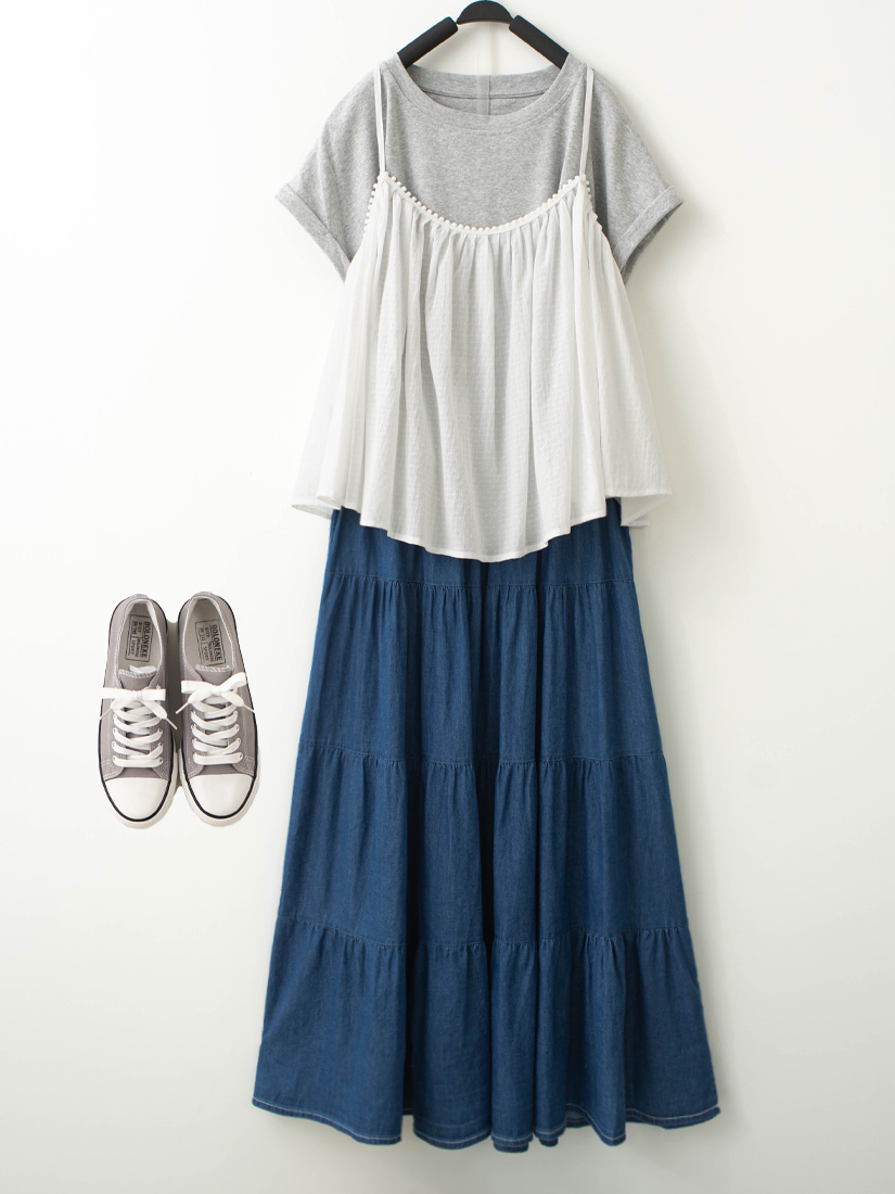 傘擺吊帶背心側抓皺上衣蛋糕牛仔長裙組合