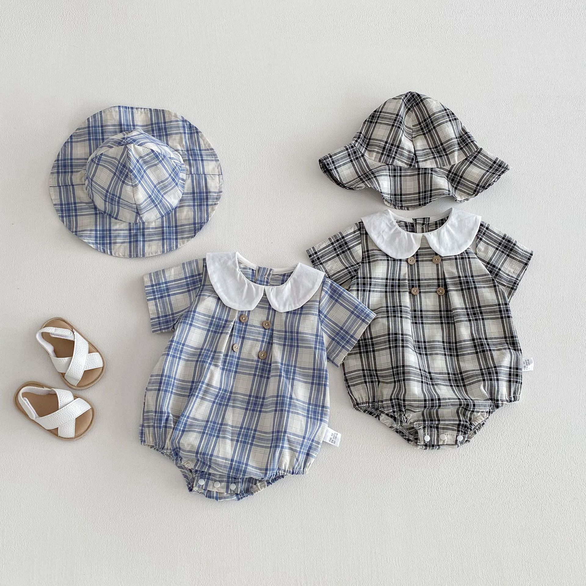 格紋海軍風包屁衣附帽(66-90)