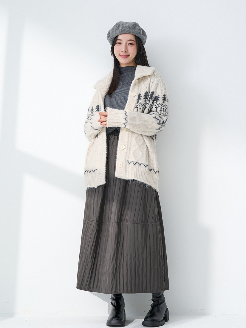 雪花麻花針織外套半高領毛衣鋪棉花苞裙組合