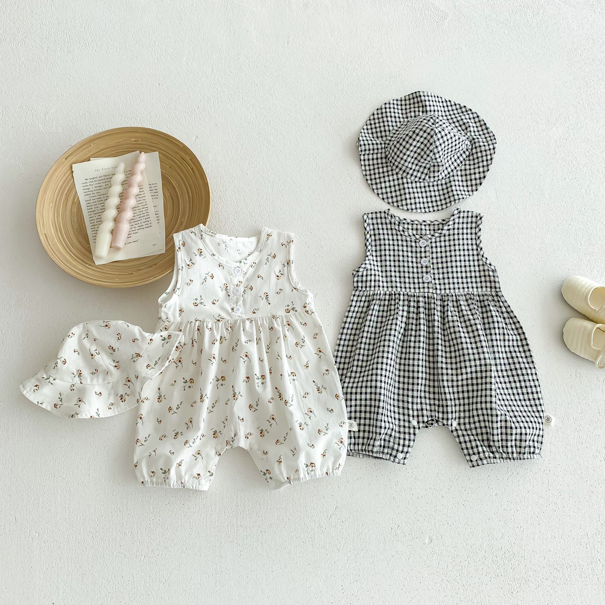 碎花/格子背心連身衣附帽(66-90)