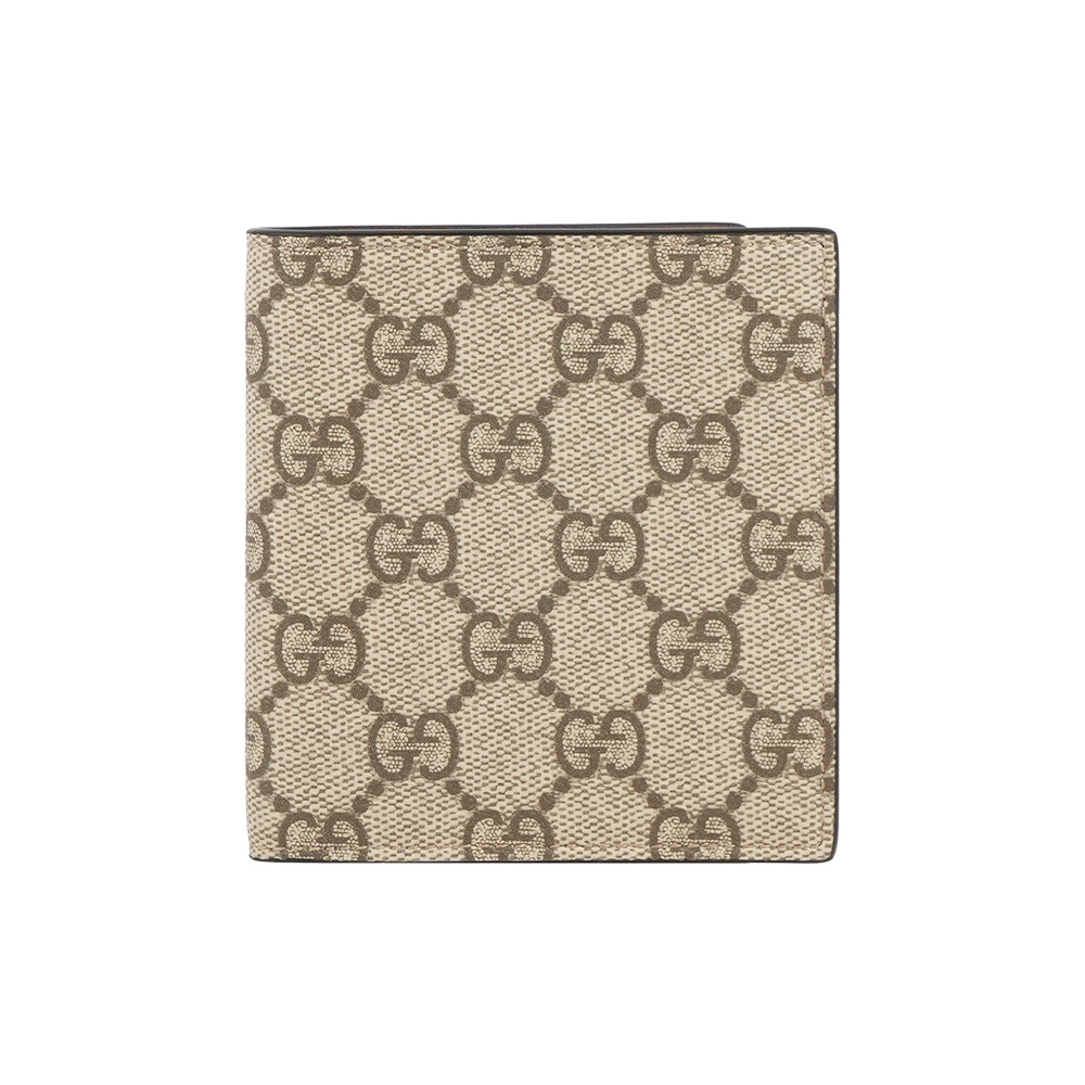 【GUCCI】GG Emblem 塗層帆布窄版二折8卡短夾(米色/深棕色)