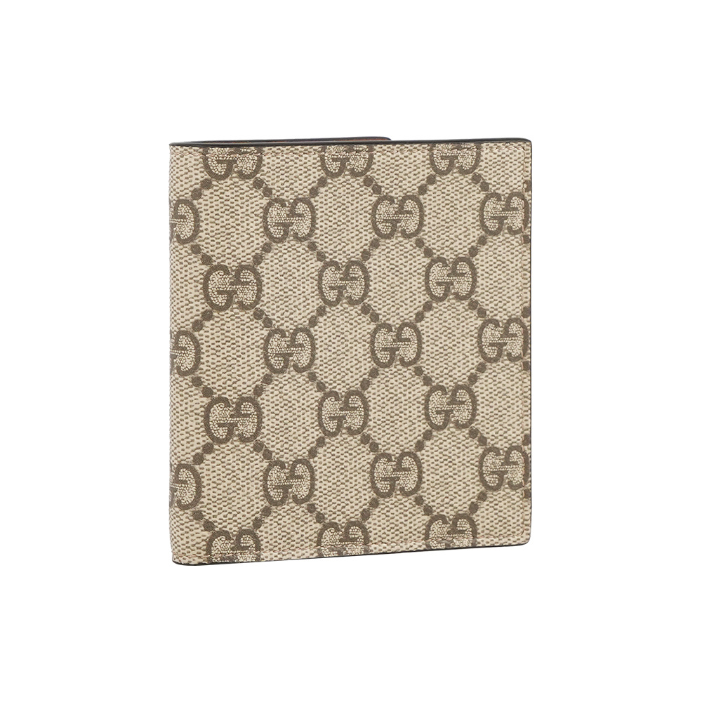 【GUCCI】GG Emblem 塗層帆布窄版二折8卡短夾(米色/深棕色)