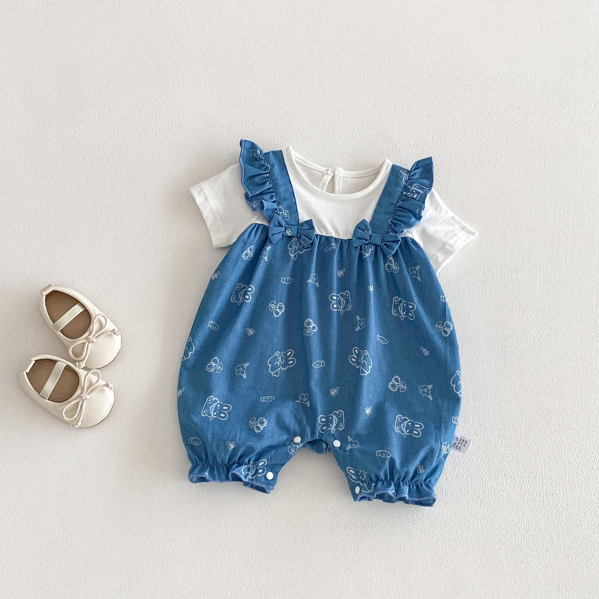 滿版兔兔拼接牛仔假兩件連身衣(66-90)