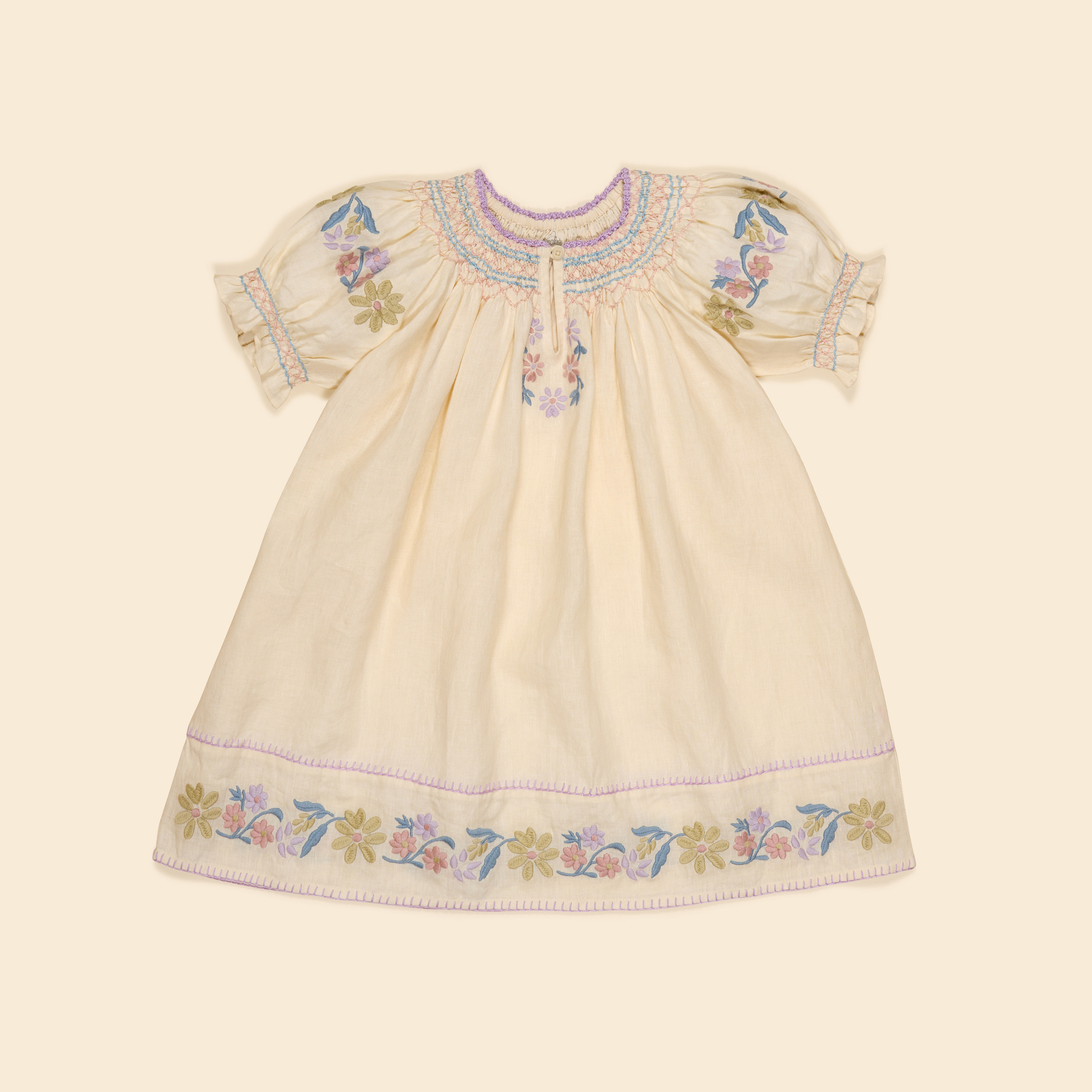 Apolina 系釦泡泡袖刺繡洋裝 VERNA SMOCK DRESS - CREAM