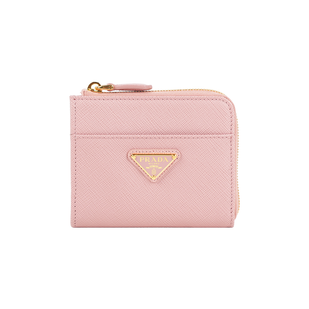 【Prada】三角牌Logo 防刮皮革拉鍊短夾(桃子粉)