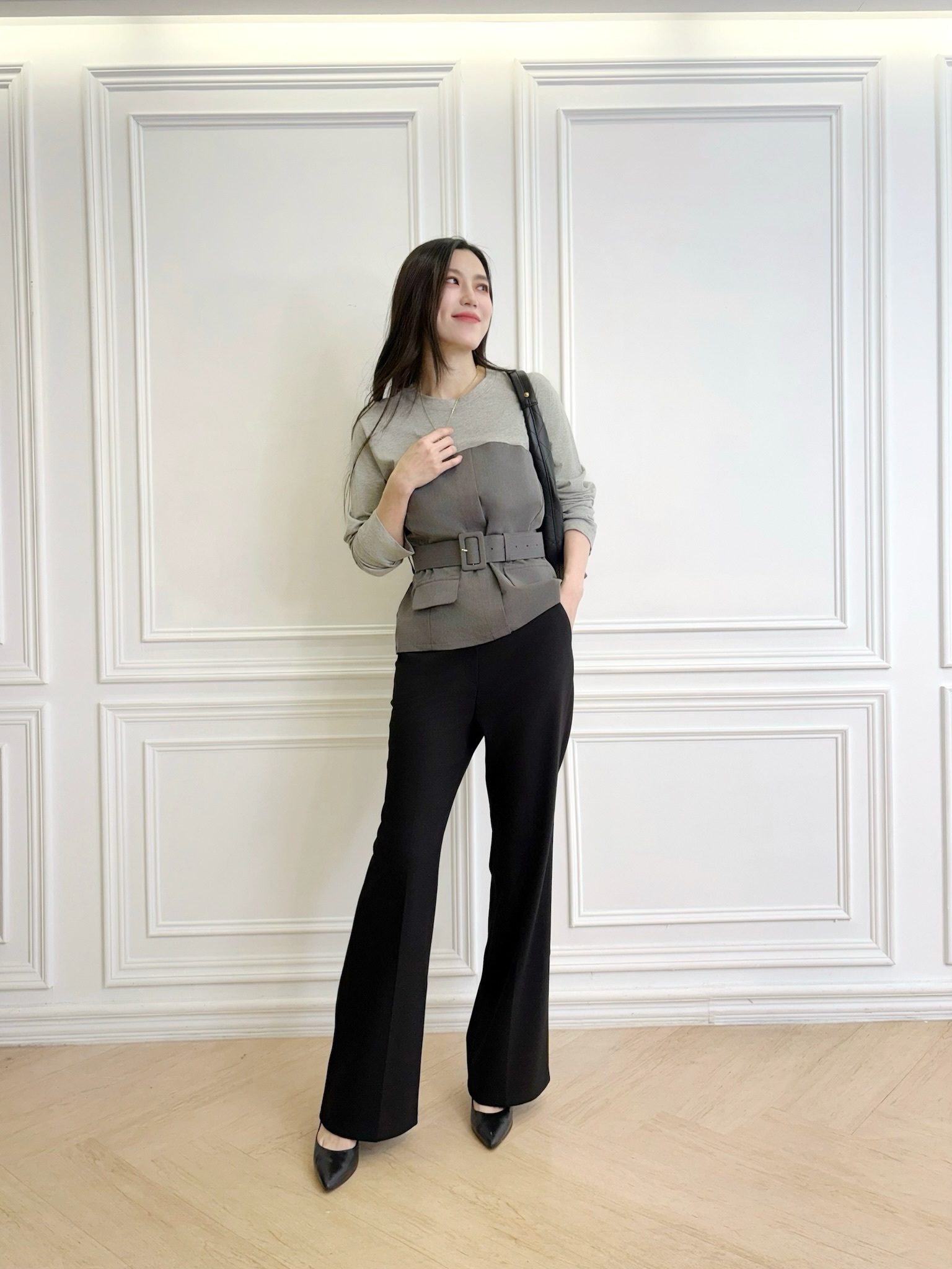 層次感寬腰帶直筒褲套裝