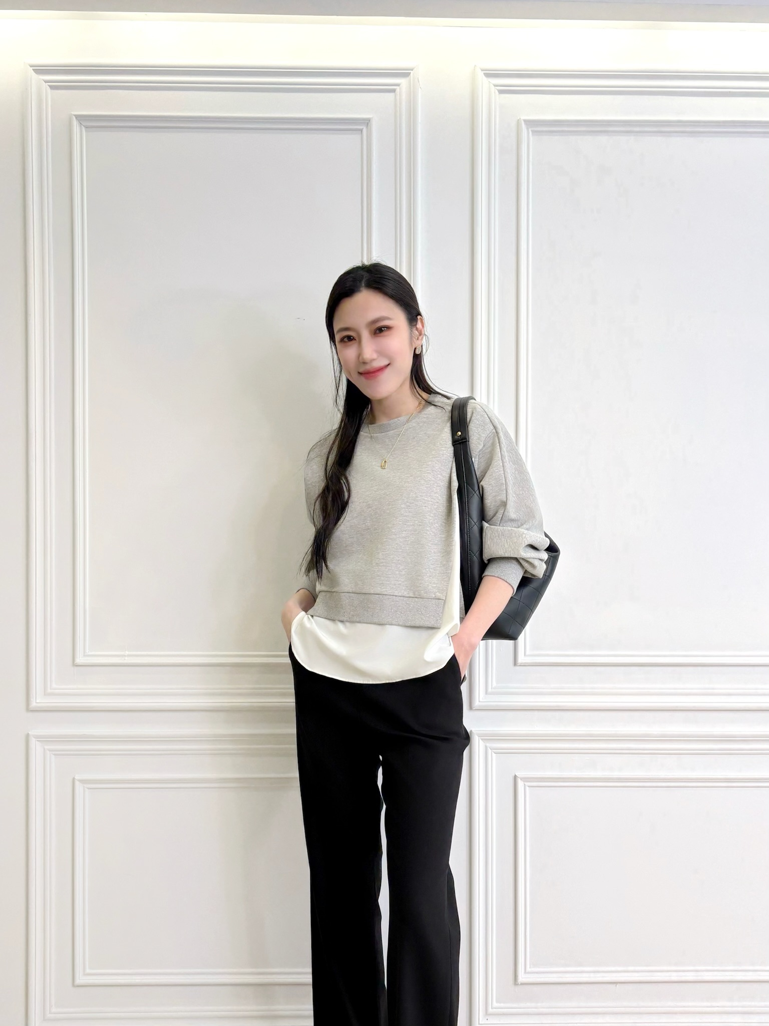 棉料側開衩拼接雪紡上衣